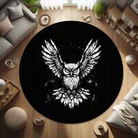 Owl Round Rug, Black Round Rug, Anti Slip Round Carpet, Owl Printed Rug, Living Room Area Rug, Bedro