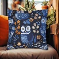 Owl Throw Pillow Navy Blue Folk Art Botanical Floral, Owl Home Decor, Bohemian Owl Throw Pillow, Out