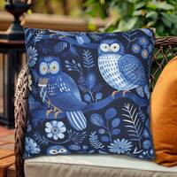 Owl Throw Pillow Navy Blue Folk Art Botanical Floral, Owl Home Decor, Bohemian Owl Throw Pillow, Out
