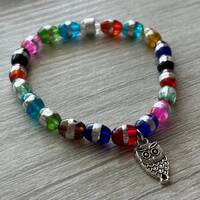 Glass Bead Elastic Owl Charm Bracelet