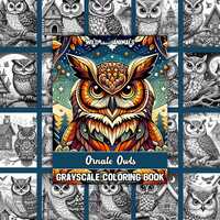 Ornate Owls Grayscale Coloring Book: Wild About Animals, Digital Download, Fun & Relaxing Activi