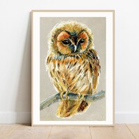 Owl Art Print Oil Pastel Artwork Bird Art Owl Wall Decor Animal Wall Art Bird Illustration Nursery P
