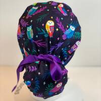 Black owl scrub cap, owl print scrub hat in jewel tones, Bonnet Head Designs