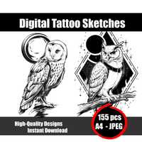 Owl Tattoo Sketch | Detailed Line Art Flash Design | Printable Bird Tattoo for Artists | Instant Dig