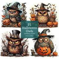 Halloween Owls Clipart, 15 Quirky Autumn Witch Hat Bird PNGs/JPGs, Card Making, Sublimation, COMMERC