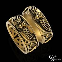 Bride Groom Owl Matching Wedding Ring Set, 10K 14K 18K White Gold His Hers Barn Owl Welsh Knotwork B