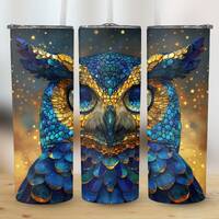 Mystical Owl Tumbler Wrap, Blue and Gold Owl 20 Oz Skinny Tumbler Sublimation Design, Starry Night A