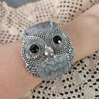 Large Metal Enamel Owl Bangle Bracelet
