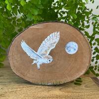 Barn Owl original painting on wood slice. Wildlife art gift