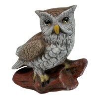 Vintage Hand Painted Ceramic Owl On A Tree Branch Statue Figurine 4.5” Tall