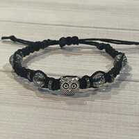 Natural hemp bracelet, Owl bead, crackle glass beads,  black hemp cord, adjustable.