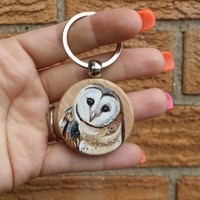 Hand-painted Barn Owl Face Wooden Keychain