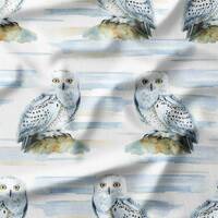 Snowy Owl Bird Fabric - White Owls On Blue and Beige Stripes - Printed Cotton Fabric by the Yard - H