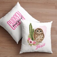 Custom Owl Baby Name Pillow – Personalized Girl Nursery Décor with Cactus | Woodland Ba