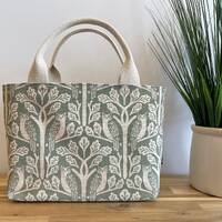 Owl and Oak Tree Project Bag / Lunch Bag - Screen Printed Fabric Bucket - Sage Green