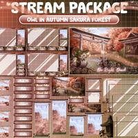 Animated Twitch Stream Package Overlay: Brown Owl In Shrine Forest, Japanese Torii Gate, Chill Cherr