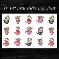 Coffee Owls Stickers | 15 Stickers per sheet | 1.5" Circles | Great for decorating your envelop