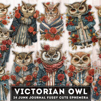 Victorian Owl Clipart & Ephemera, Vintage Fussy Cuts, 24 PNG Fairy Owl with flowers, Junk Journa