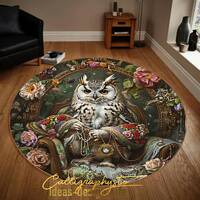 Owl King Round Rug, Gothic Themed King Owl Throne, Polyester Washable Rug