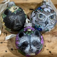 Hand Painted Woodland Animal Glass Ornament: Bear, Owl, Raccoon