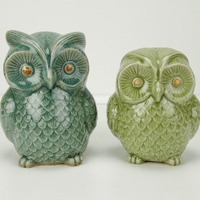 Rare - Set of Glazed Celadon Ceramic Owl Figurines / Décor from the 1980s