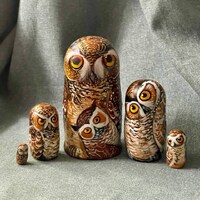 Matryoshka 5pcs, Exclusive wooden doll "Owls", Nesting doll, Hand painted decor, Сollecti