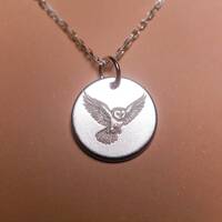 Owl Necklace, Personalized Minimalist Jewelry, Meaningful Gift, Barn Owl in Flight, Silver, 14k Gold
