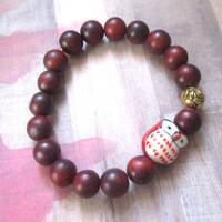 Boho Owl Stretch Bracelet With Red Cherry Wood Beads & Rose