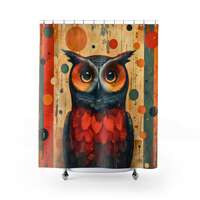 Mid-Century Modern Owl Shower Curtain - Vibrant 50s Vintage Art, Retro Polka Dot Bathroom Decor, Per