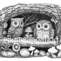 3d illusion of an Owls with Mushrooms Perched on a Log for Laser Please Read Description laser ready