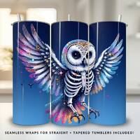 Halloween Skeleton Owl Tumbler Wrap Spooky Season PNG Fall Sublimation 20oz Skinny Blue Tumbler Wrap