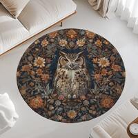 William Morris Inspired Botanical Screech Owl Round Rug, William Morris Owl Home Decor, Owl Rou