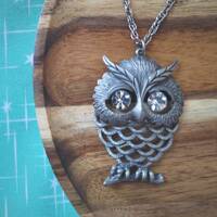 Owl Necklace Pewter Color with Clear Rhinestone Dangle Eyes