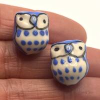OWL CERAMIC BEADS, Large 16X14mm Light Blue & White Bird Beads with Big Holes, Bead De-stash, Je