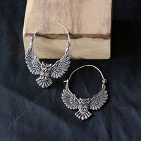 Janvi Jewelry Oxidized Silver Owl Hoop Earrings &ndash; Tribal Boho Statement Jewelry for Women