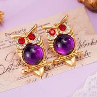 Vintage Owl Brooch and Earrings Jewelry with Gemstones/July Birthstone Gift/Purple Ruby Earrings/Wed
