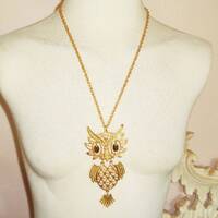 Owl Pendant Necklace Vintage Articulated Gold tone Metal 23 1/2 inch Chain