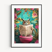 Owl Sitting on Toilet Reading a Newspaper Print, Funny Bathroom Wall Decor, Toilet Wall Art, Bathroo