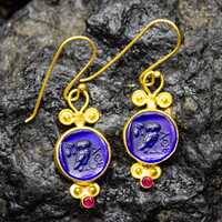 Owl Intaglio Glass Earrings | 24K Gold Over 925 Sterling Silver | Ancient Greek Athena Earrings | My