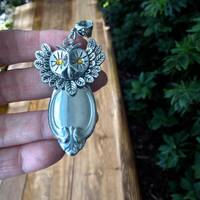 Handmade Silverware Owl Pendant Necklace: Swarovski Crystal Eyes