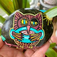 Humorous Coffee Owl Painted Stone: Coffee Lover Gift, Paperweight