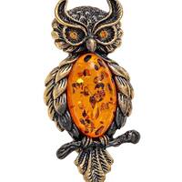 Owl brooch on branch,Brooch made of brass and natural baltic amber ,Handmade brooch owl, Gift for he