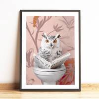 Owl Reading on Toilet  Print,  Bathroom Owl Print Funny Bathroom Wall Decor, Toilet Humor Toilet Wal