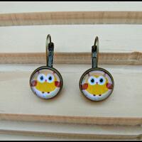 Yellow owl 12mm glass cabochon earrings,lever back settings,antique bronze