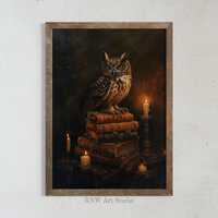 Gothic Owl on Vintage Books Printable Art - Dark Academia Print, Moody Wall Art, Victorian Gothic Oi