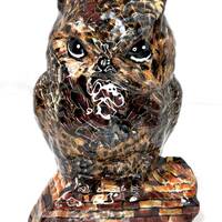 Elegant Owl Covered with Brown Feathers Accented with Gold Perched above a Brick Wall Handmade One o