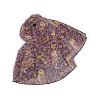 Artistic Chiffon Scarf, Owl & Chrysanthemum Pattern, William Morris Inspired, Plum and Orange