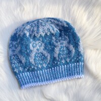 Hand Knit Blue Alpaca Owl Hat: Colorwork Slouchy Beanie