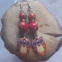 Handmade Brown owl dangle earrings with natural Jasper and Malachite beads.