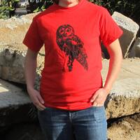 Owl Shirt - Northern Spotted Owl, on Red Tshirt, Small - silkscreen screenprint hoot owl top wise ca